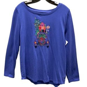 Talbots Womens Plus 2X Long Sleeve Shirt Blue with Holiday Truck Tree & Gifts